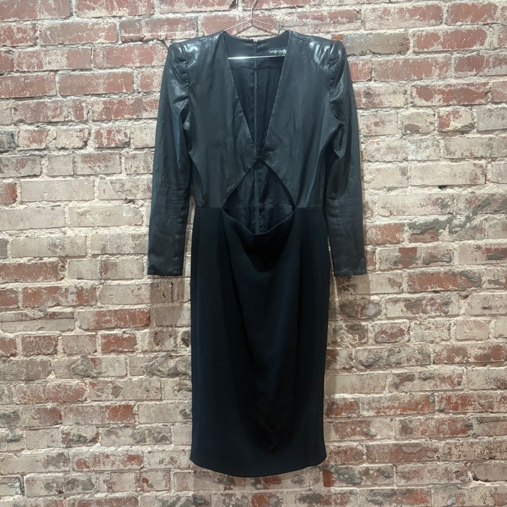 Sergio Hudson Leather Mixed Media Cutout Dress in Black‎ Size 10 - Picture 8 of 15